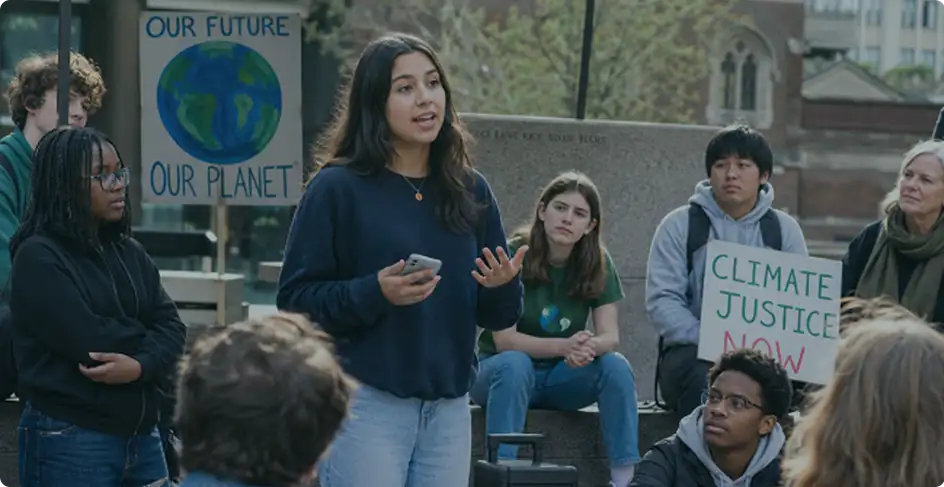 Young climate activist speaking to a group during an outdoor rally, with participants holding signs advocating for climate justice and environmental protection
