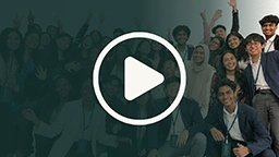 Video thumbnail showing a diverse group of Global Youth Council participants smiling and posing together, with a play button overlay